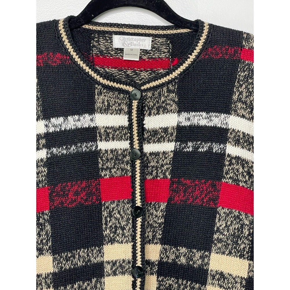 Christopher & Banks Women Plaid Button Front Cardigan Black Red Old Money Prep M - Picture 3 of 10